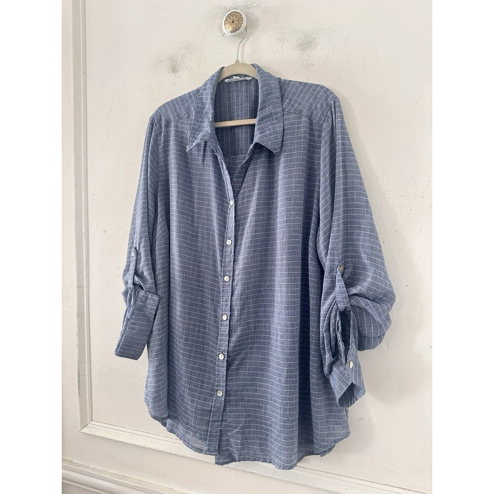 Jane+Delancey Shirt Tunic Womens 1X Blue Stripe Roll Tab Sleeve Pleated Nautical - Picture 2 of 11